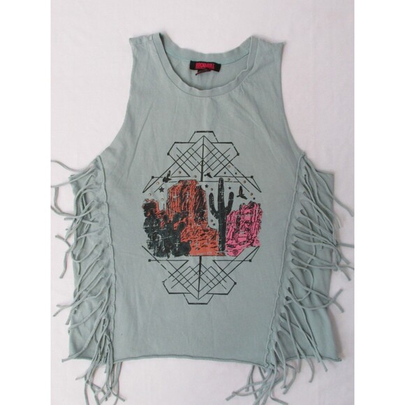 Tank Top Rock & Roll Denim Ladies Desert Mountain Fringe Turq Cacti Large Used - Picture 2 of 5